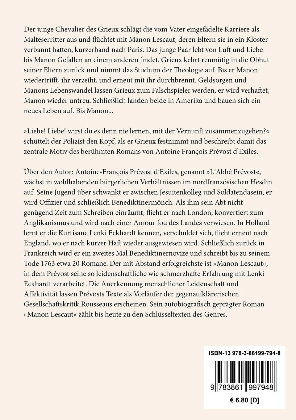 Rückseite: 9783861997948 | Manon Lescaut | Antoine-François Prévost d'Exiles | Taschenbuch | 2016