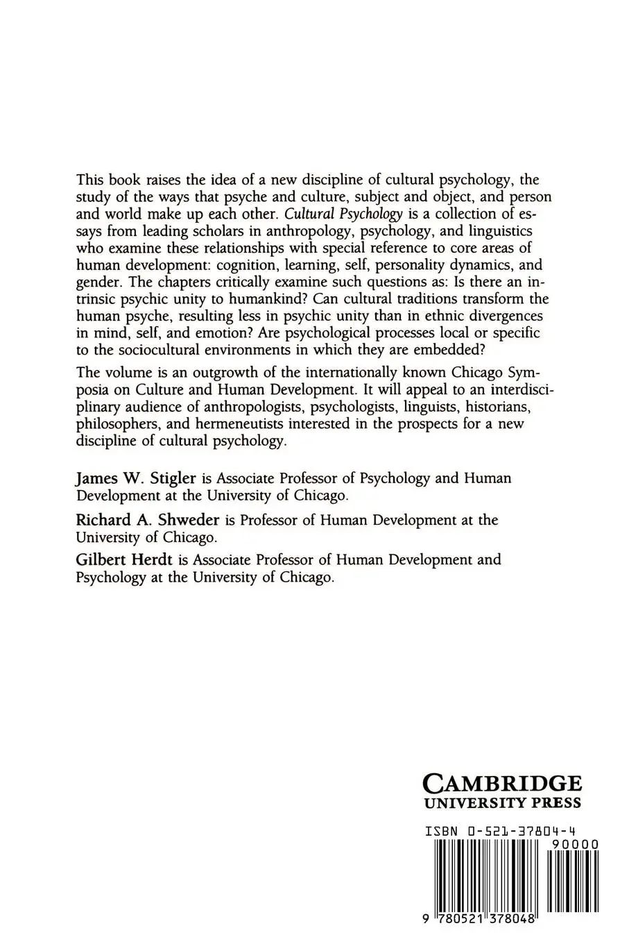 Rückseite: 9780521378048 | Cultural Psychology | Essays on Comparative Human Development | Buch