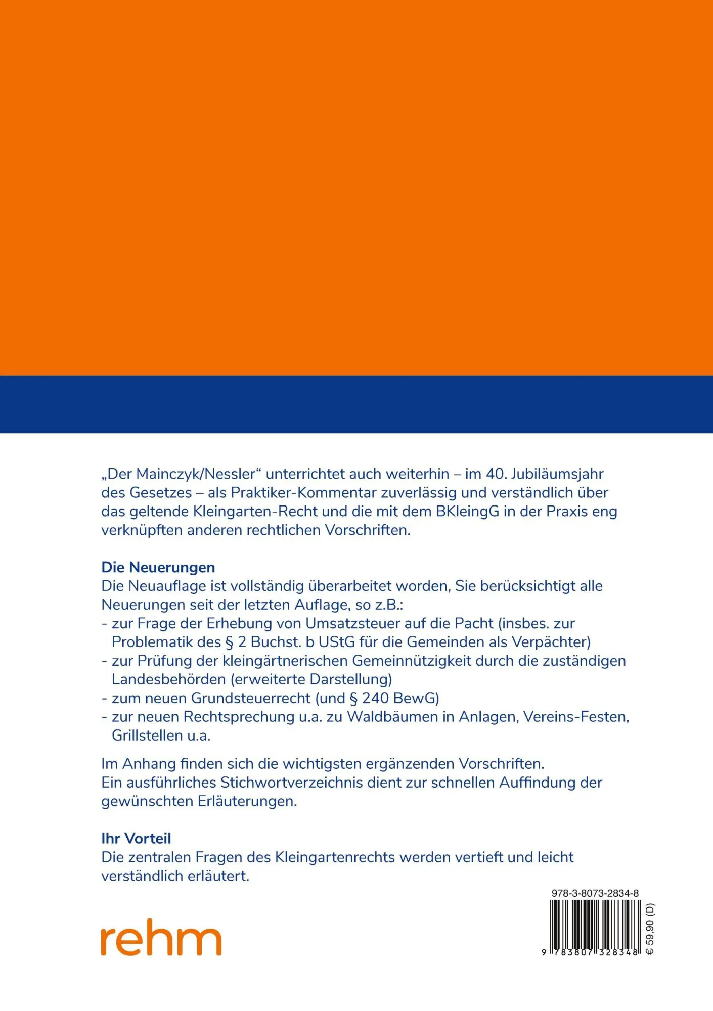 Rückseite: 9783807328348 | Bundeskleingartengesetz | Lorenz Mainczyk (u. a.) | Buch | 558 S.