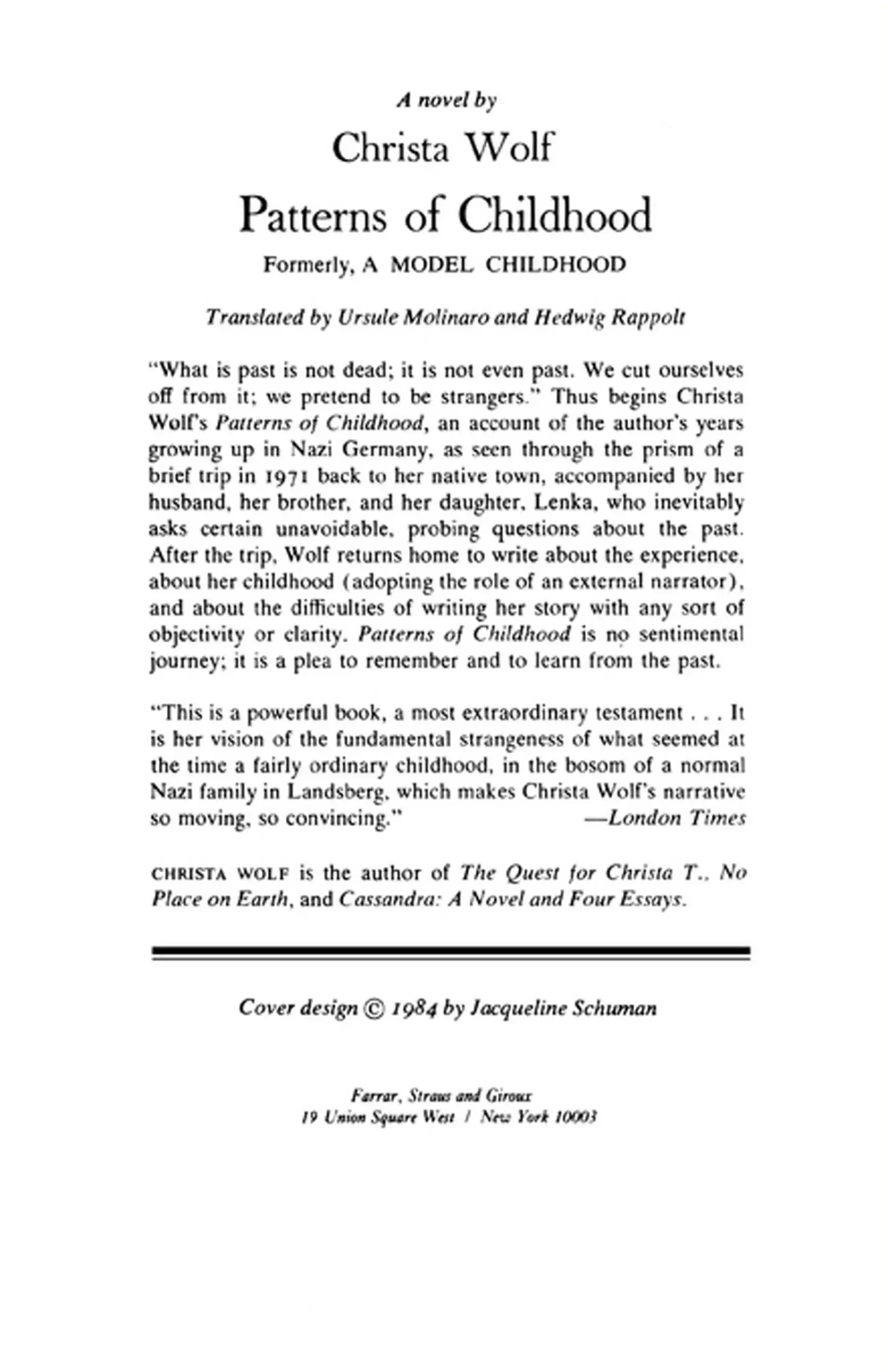 Rückseite: 9780374518448 | Patterns of Childhood | Christa Wolf | Taschenbuch | Englisch | 1984