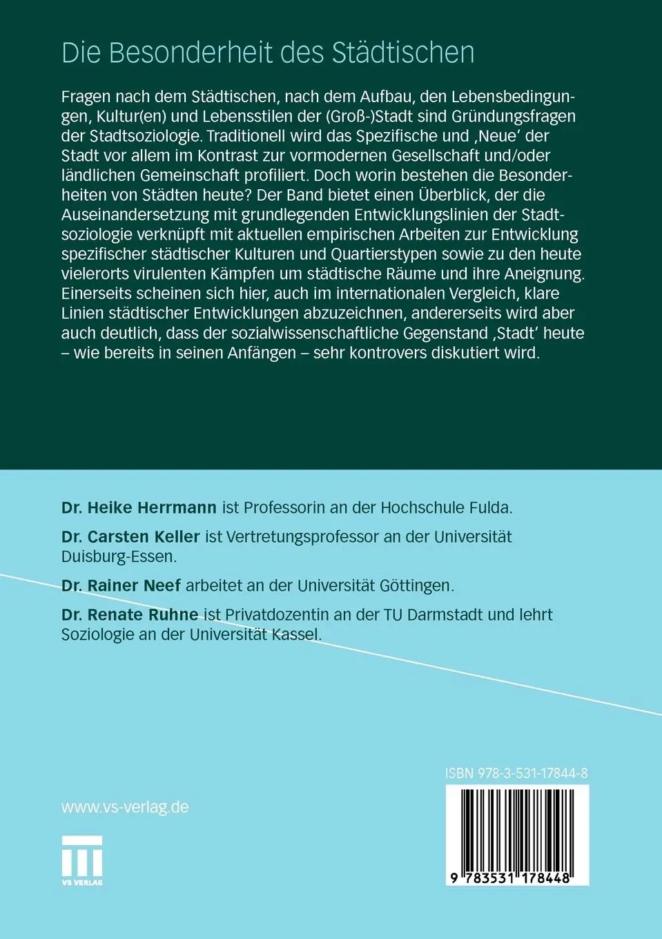 Rückseite: 9783531178448 | Die Besonderheit des Städtischen | Heike Herrmann (u. a.) | Buch