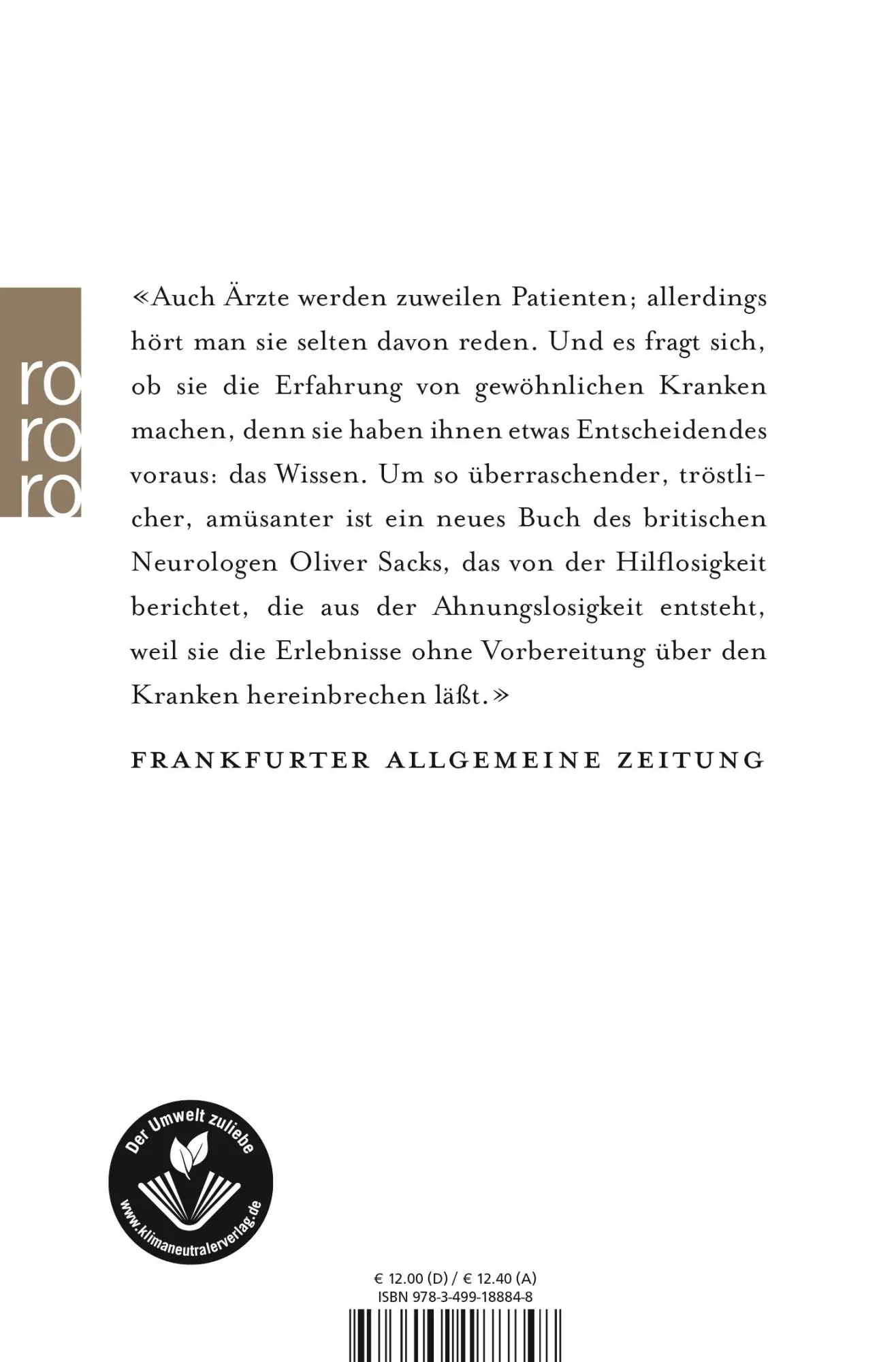 Rückseite: 9783499188848 | Der Tag, an dem mein Bein fortging | Oliver Sacks | Taschenbuch | 1991