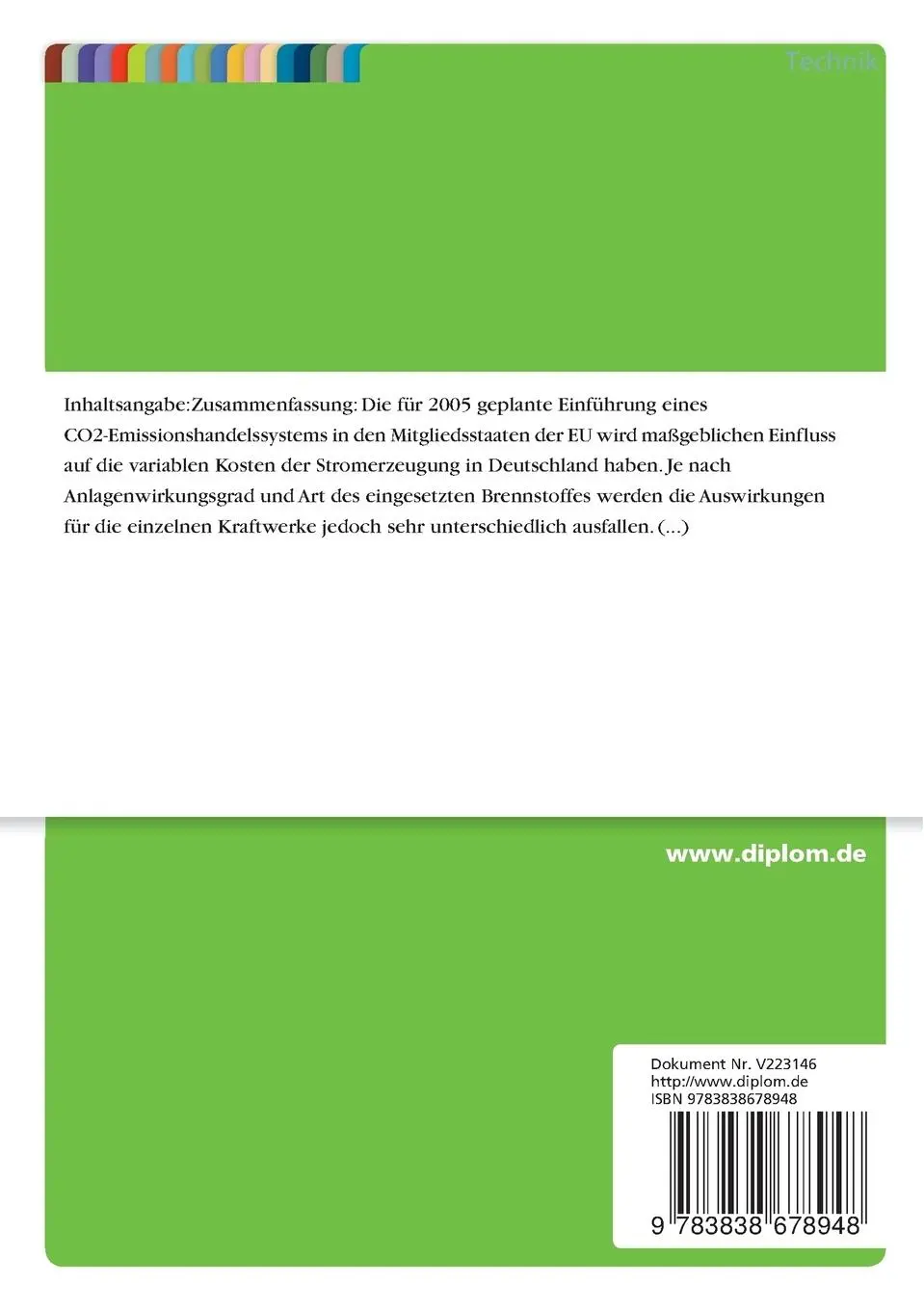 Rückseite: 9783838678948 | Auswirkungen des europäischen Emissionshandelssystems auf den...