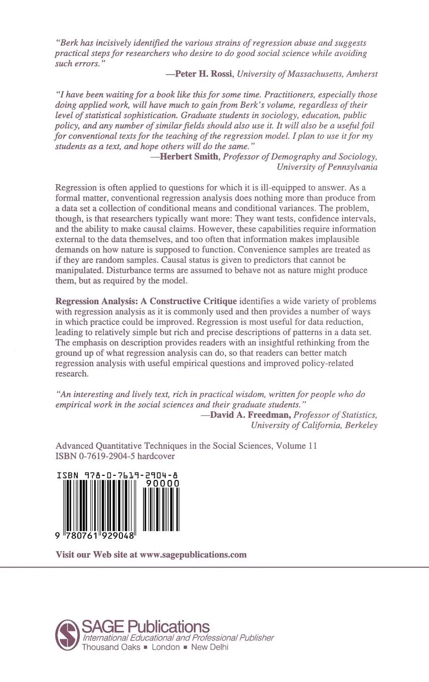 Rückseite: 9780761929048 | Regression Analysis | A Constructive Critique | Berk (u. a.) | Buch