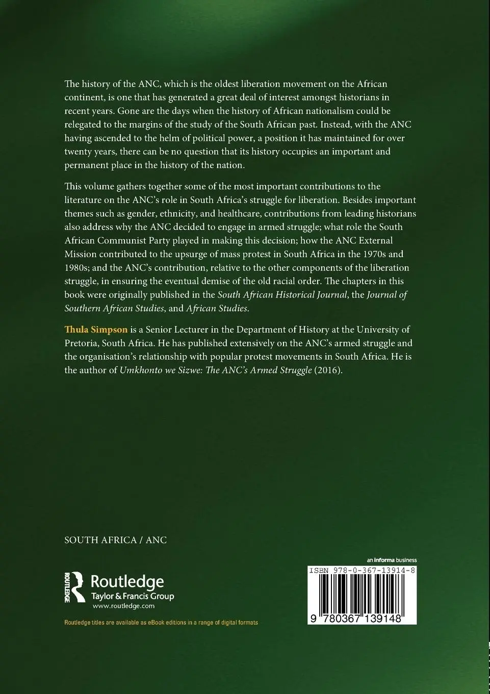 Rückseite: 9780367139148 | The ANC and the Liberation Struggle in South Africa | Thula Simpson