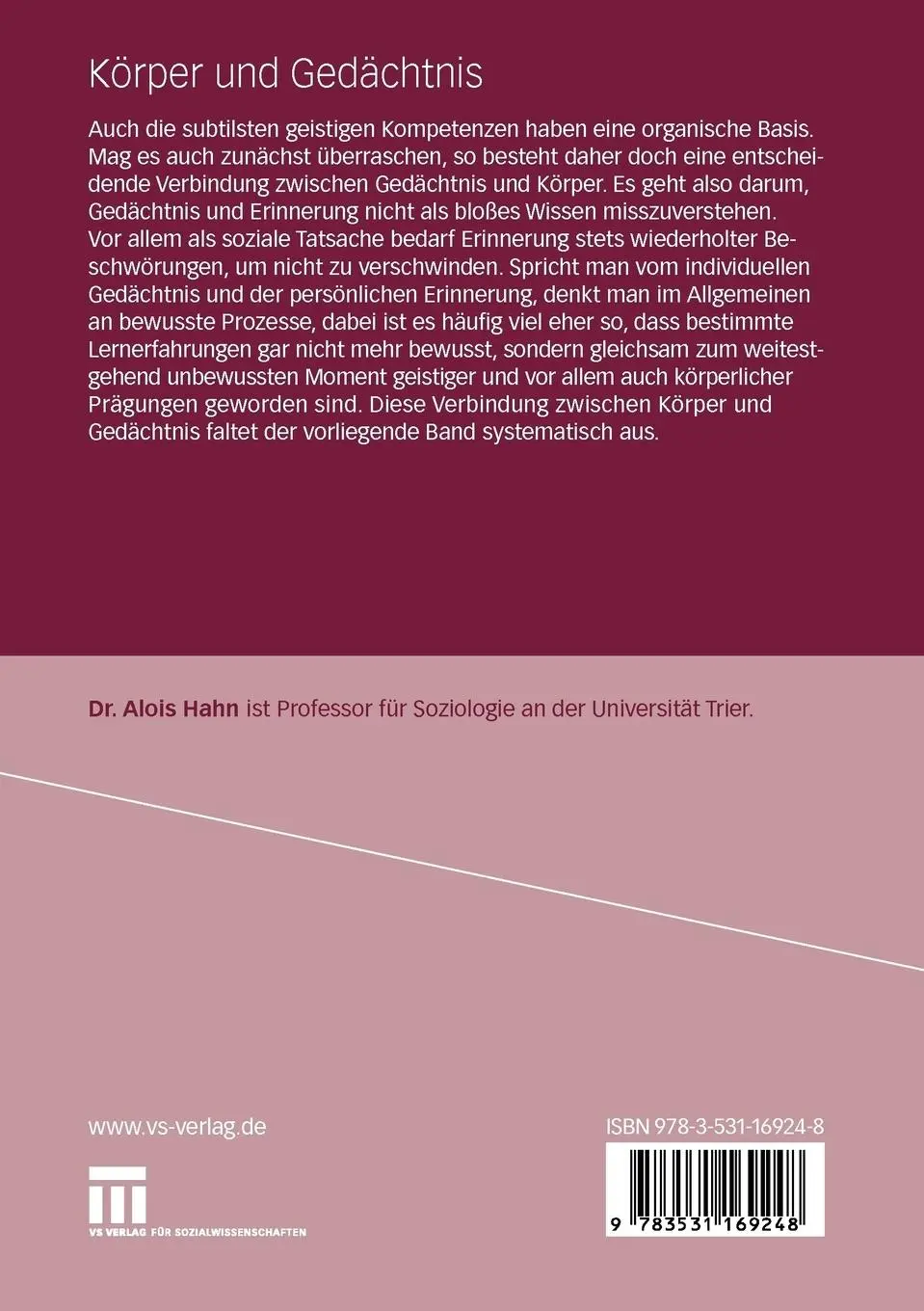 Rückseite: 9783531169248 | Körper und Gedächtnis | Alois Hahn | Taschenbuch | 245 S. | Deutsch