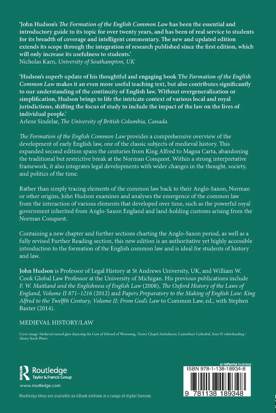 Rückseite: 9781138189348 | The Formation of the English Common Law | John Hudson | Taschenbuch