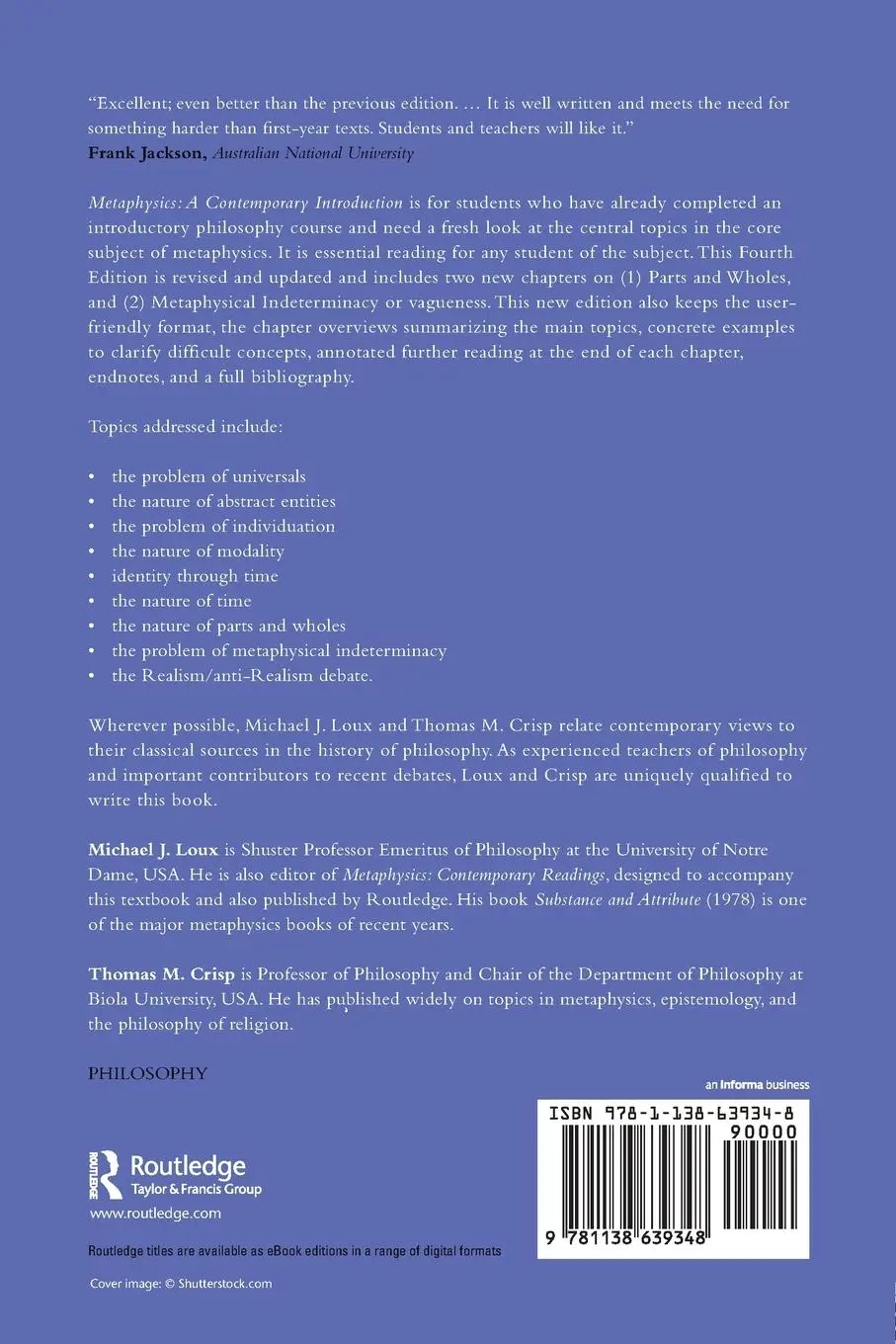 Rückseite: 9781138639348 | Metaphysics | A Contemporary Introduction | Michael J. Loux (u. a.)