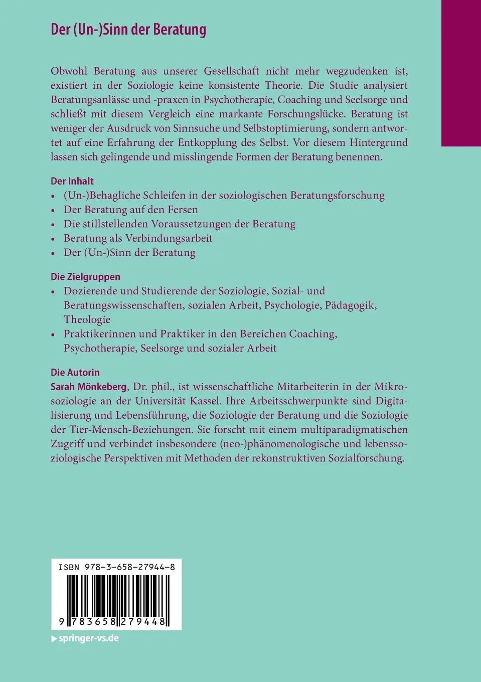 Rückseite: 9783658279448 | Der (Un-)Sinn der Beratung | Sarah Mönkeberg | Taschenbuch | viii