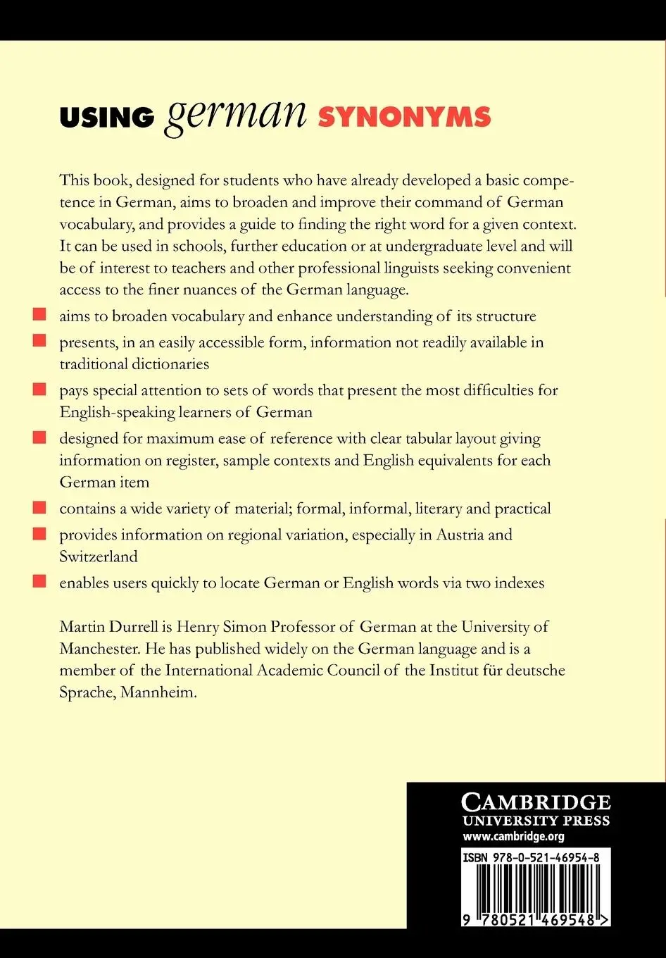 Rückseite: 9780521469548 | Using German Synonyms | Martin Durrell (u. a.) | Taschenbuch | 2008