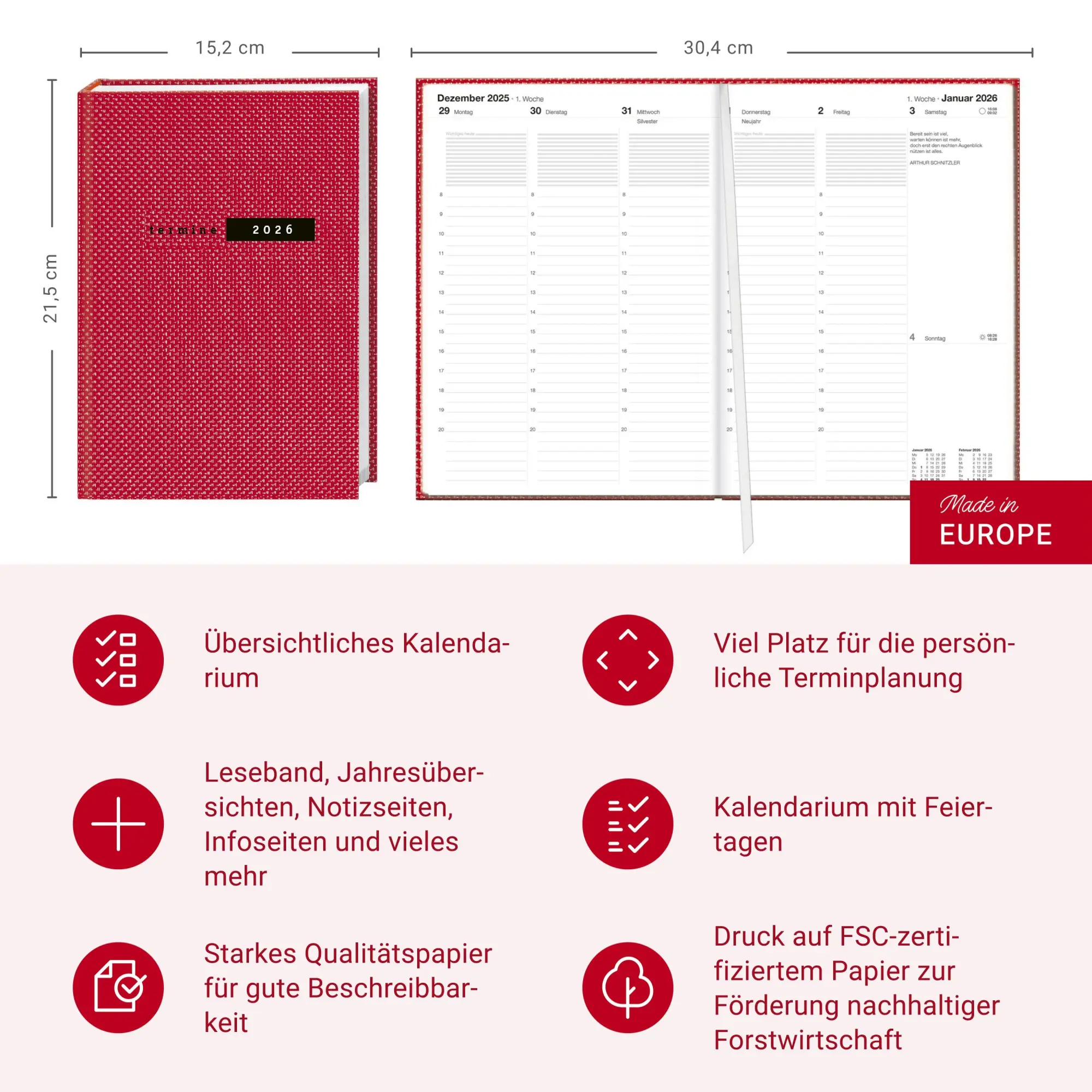 Bild: 9783756409648 | Terminer A5, Struktur rot 2026 | Heye | Buch | Bürokalender Heye