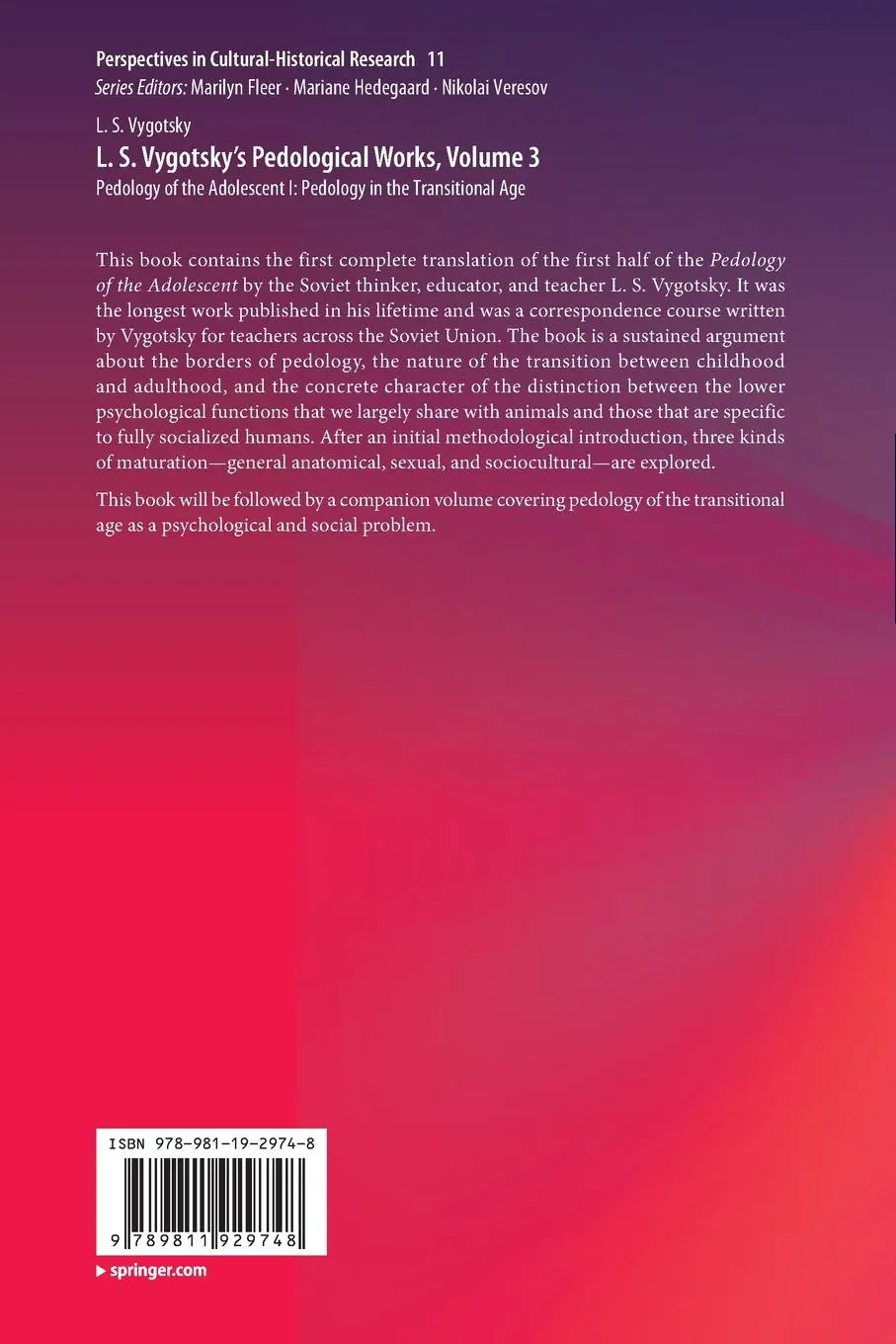 Rückseite: 9789811929748 | L. S. Vygotsky's Pedological Works, Volume 3 | L. S. Vygotsky | Buch