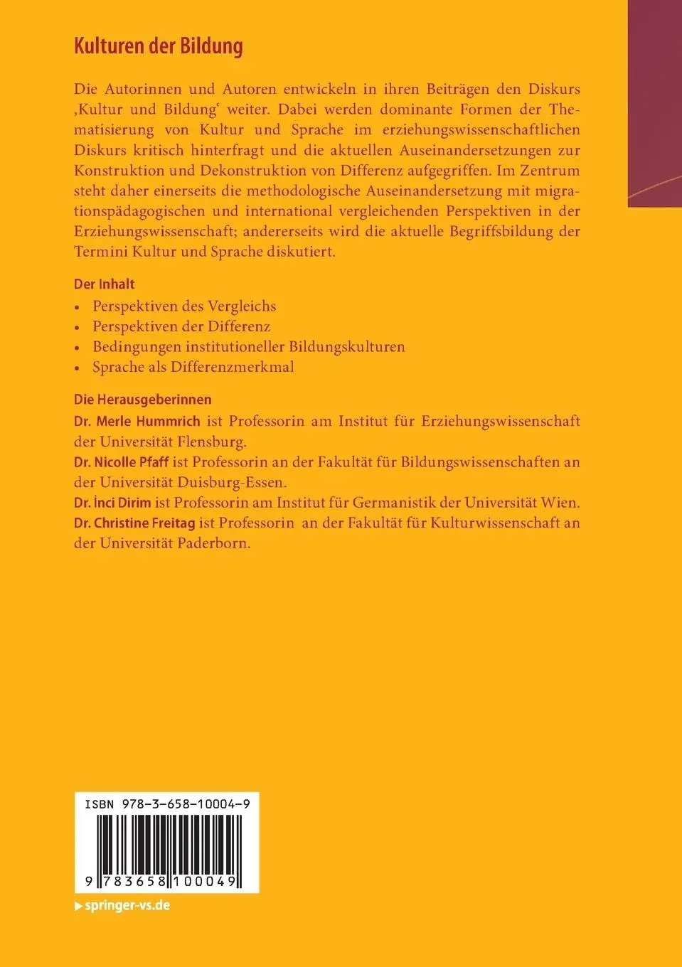 Rückseite: 9783658100049 | Kulturen der Bildung | Merle Hummrich (u. a.) | Taschenbuch | vii