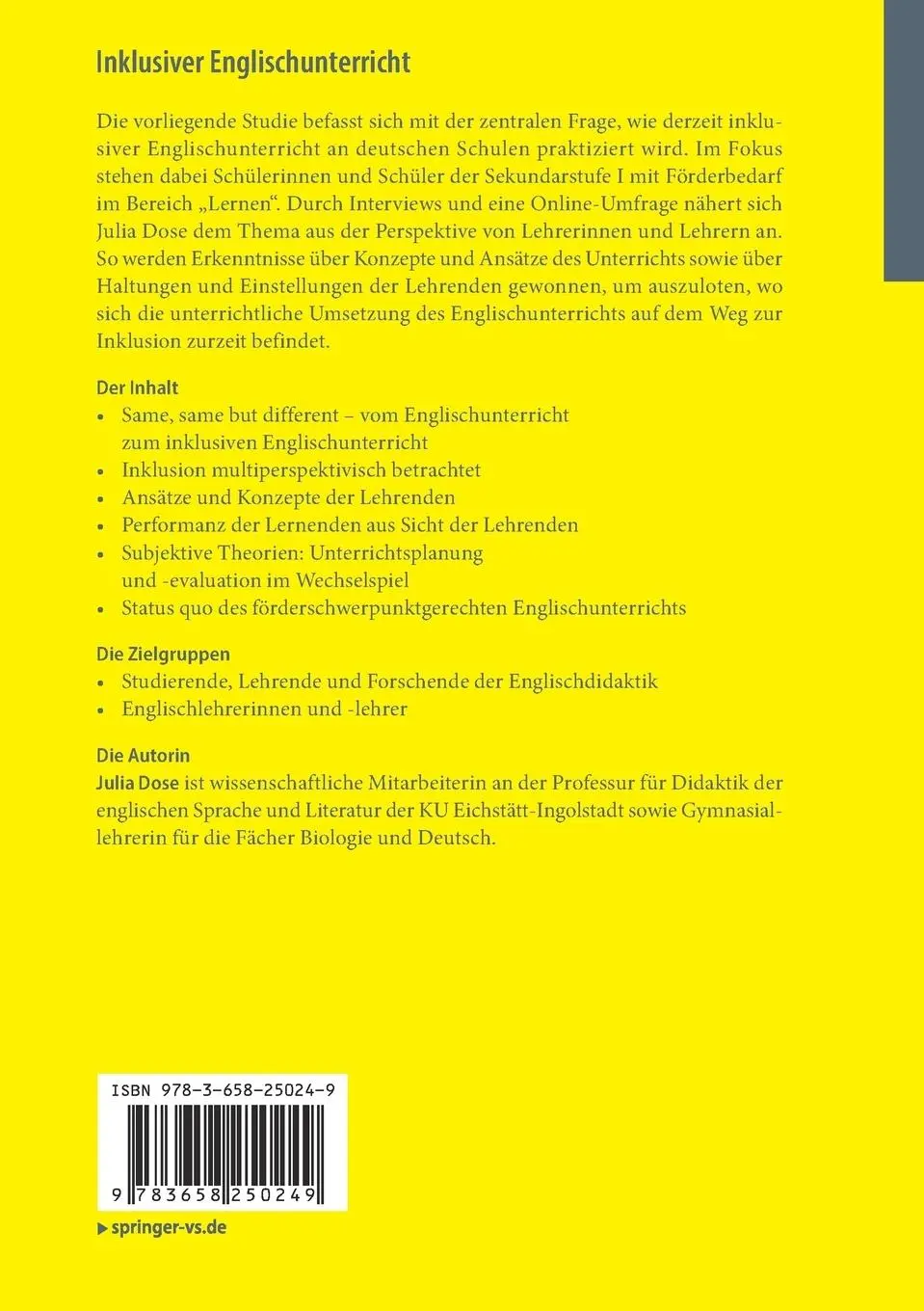 Rückseite: 9783658250249 | Inklusiver Englischunterricht | Julia Dose | Taschenbuch | xxii | 2019