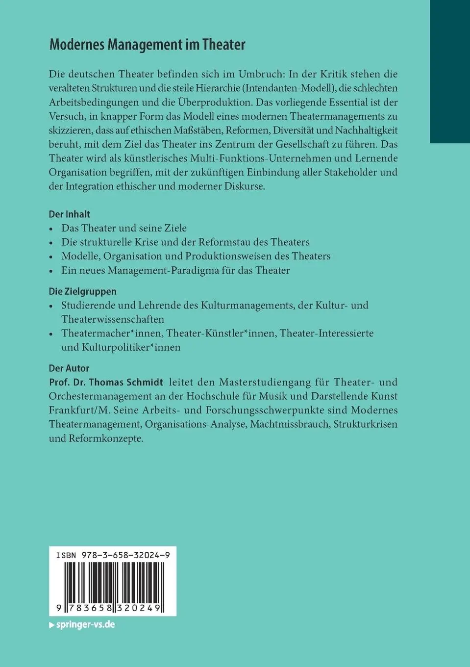 Rückseite: 9783658320249 | Modernes Management im Theater | Praxis Kulturmanagement | Schmidt