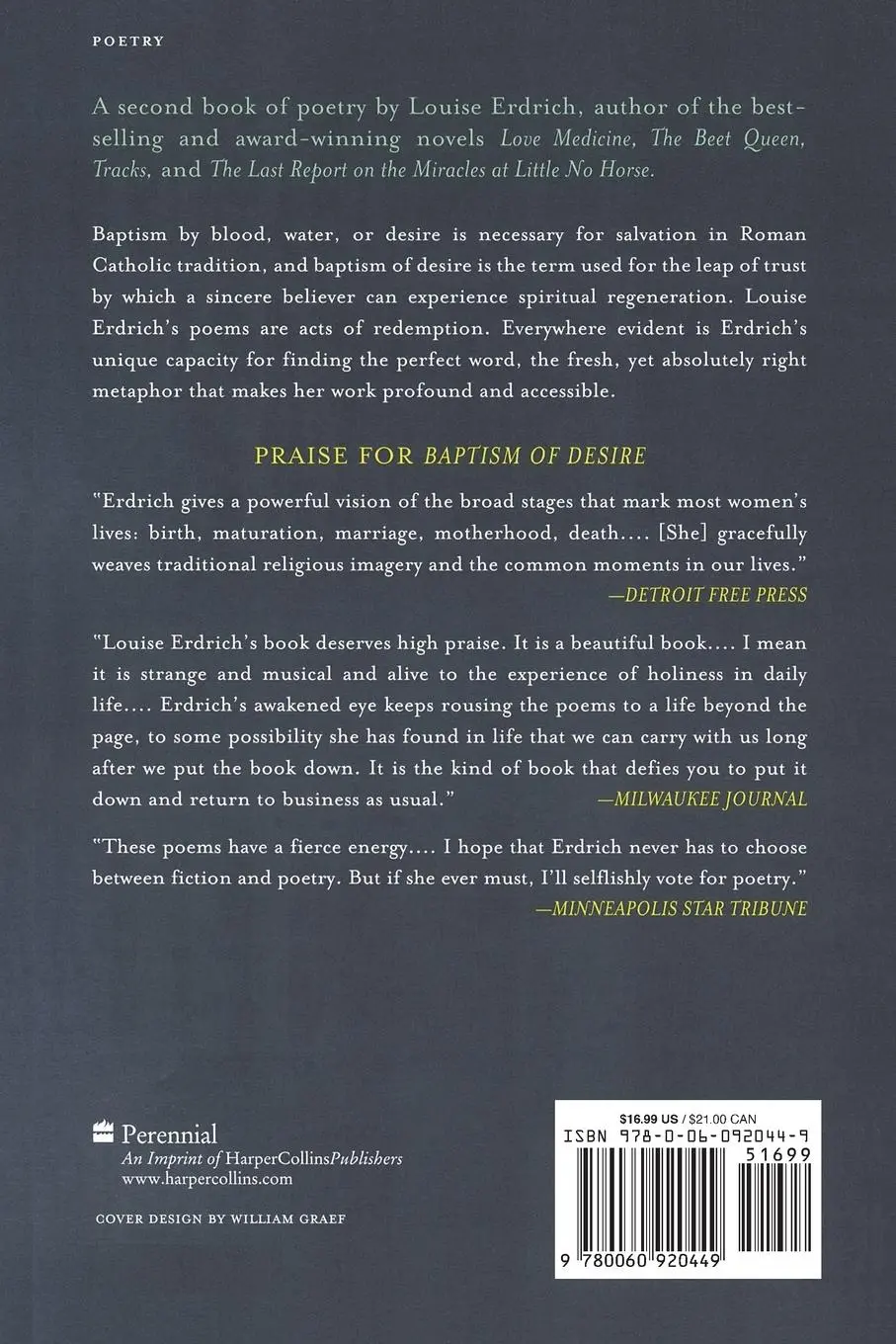 Rückseite: 9780060920449 | Baptism of Desire | Poems | Louise Erdrich | Taschenbuch | Englisch