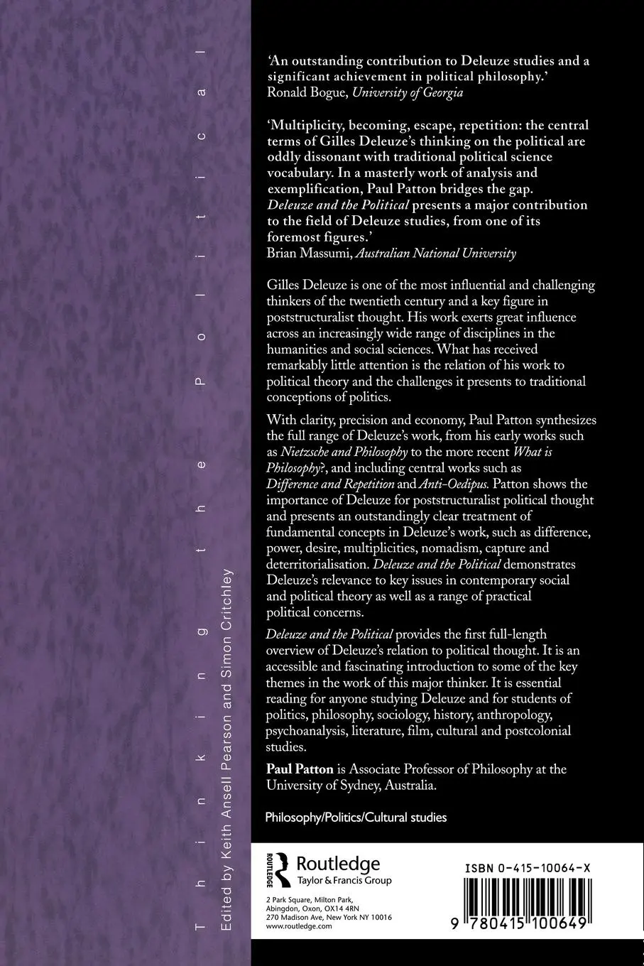 Rückseite: 9780415100649 | Deleuze and the Political | Paul Patton | Taschenbuch | Englisch