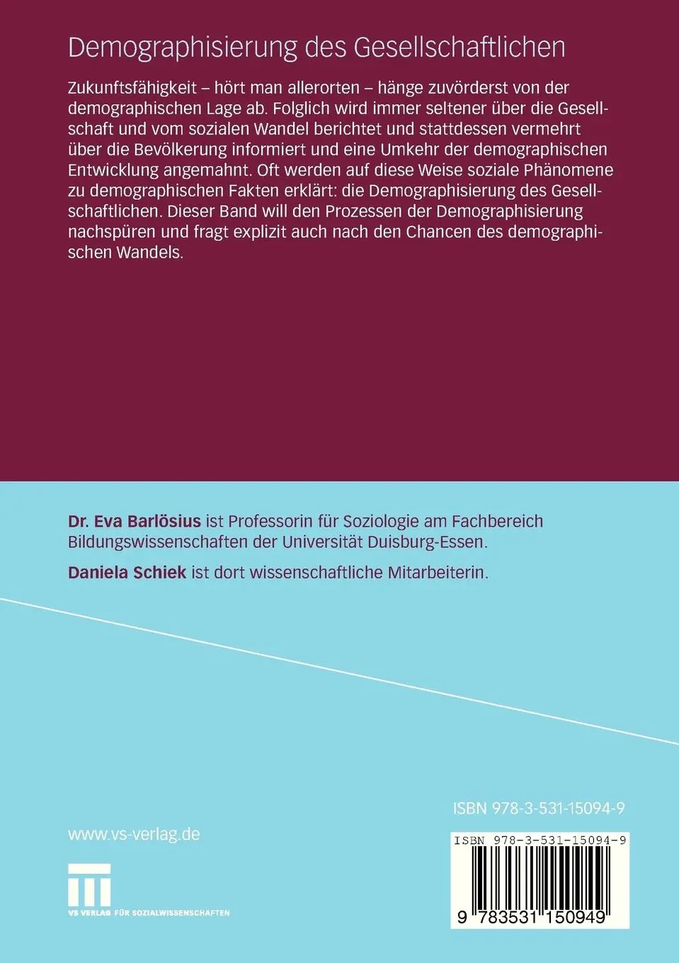 Rückseite: 9783531150949 | Demographisierung des Gesellschaftlichen | Daniela Schiek (u. a.)