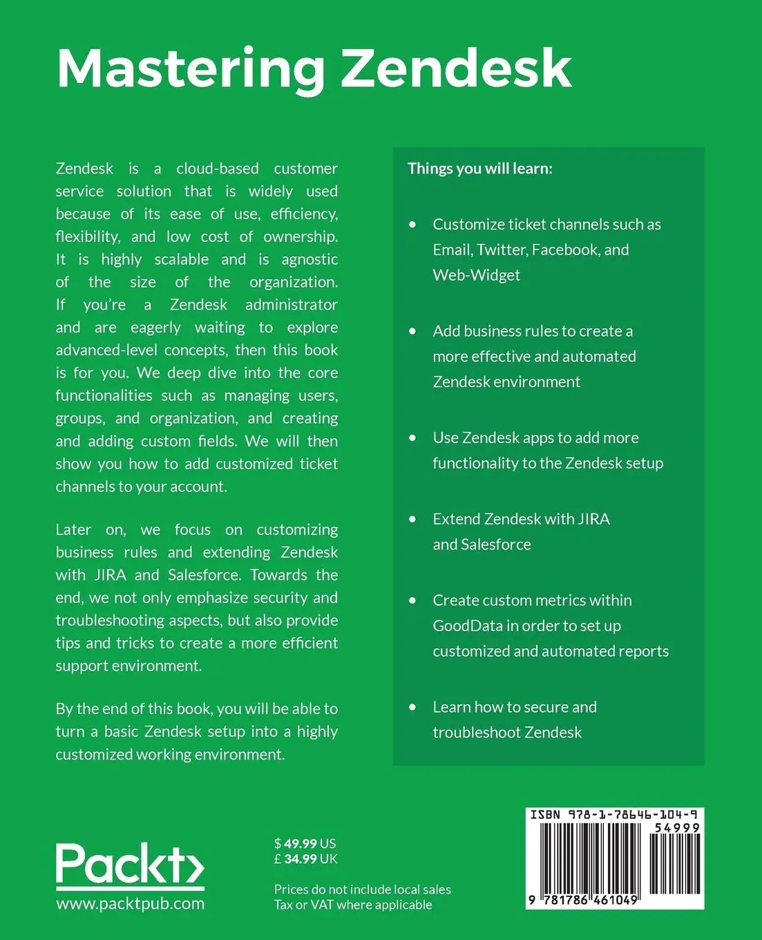Rückseite: 9781786461049 | Mastering Zendesk | Cedric F. Jacob | Taschenbuch | Englisch | 2017