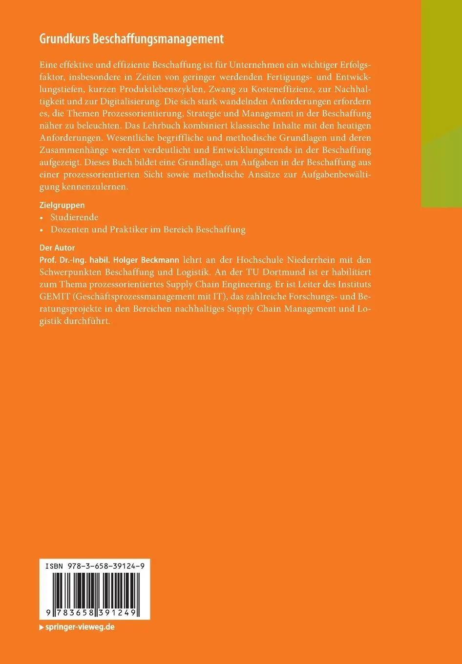 Rückseite: 9783658391249 | Grundkurs Beschaffungsmanagement | Holger Beckmann | Taschenbuch