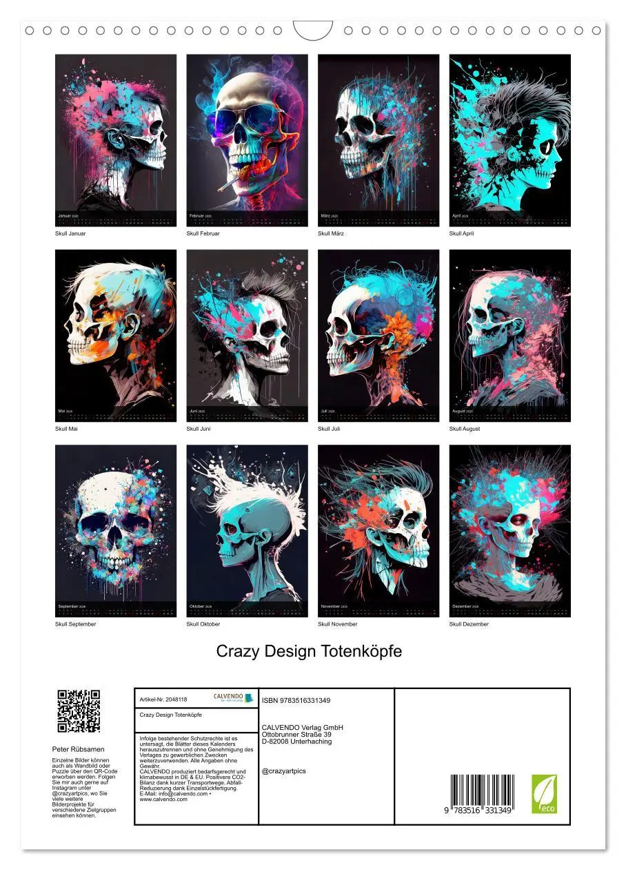 Bild: 9783516331349 | Crazy Design Totenköpfe (Wandkalender 2026 DIN A3 hoch), CALVENDO...