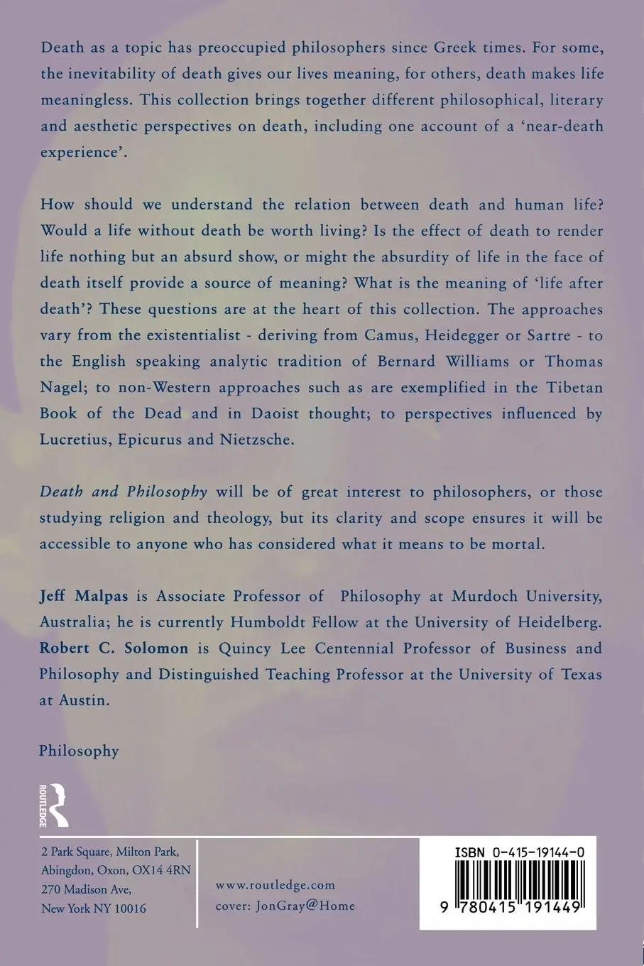 Rückseite: 9780415191449 | Death and Philosophy | J. E Malpas (u. a.) | Taschenbuch | Englisch
