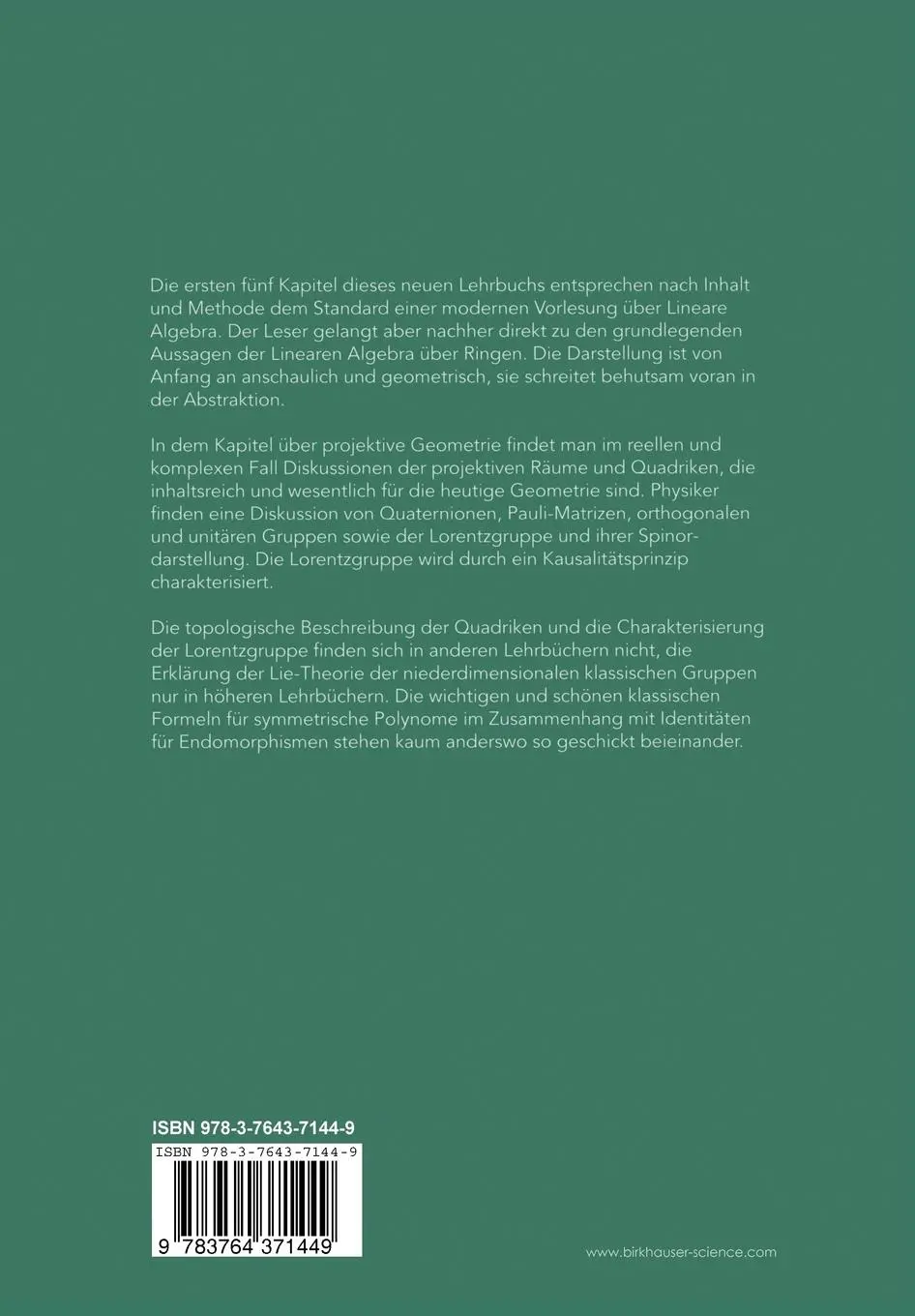 Rückseite: 9783764371449 | Lineare Algebra und Analytische Geometrie | Theodor Bröcker | Buch | x
