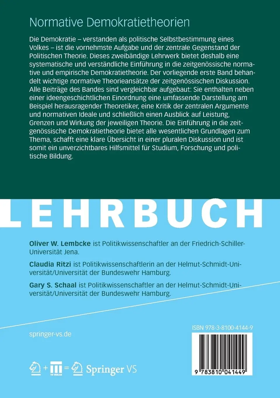 Rückseite: 9783810041449 | Zeitgenössische Demokratietheorie | Oliver W. Lembcke (u. a.) | Buch