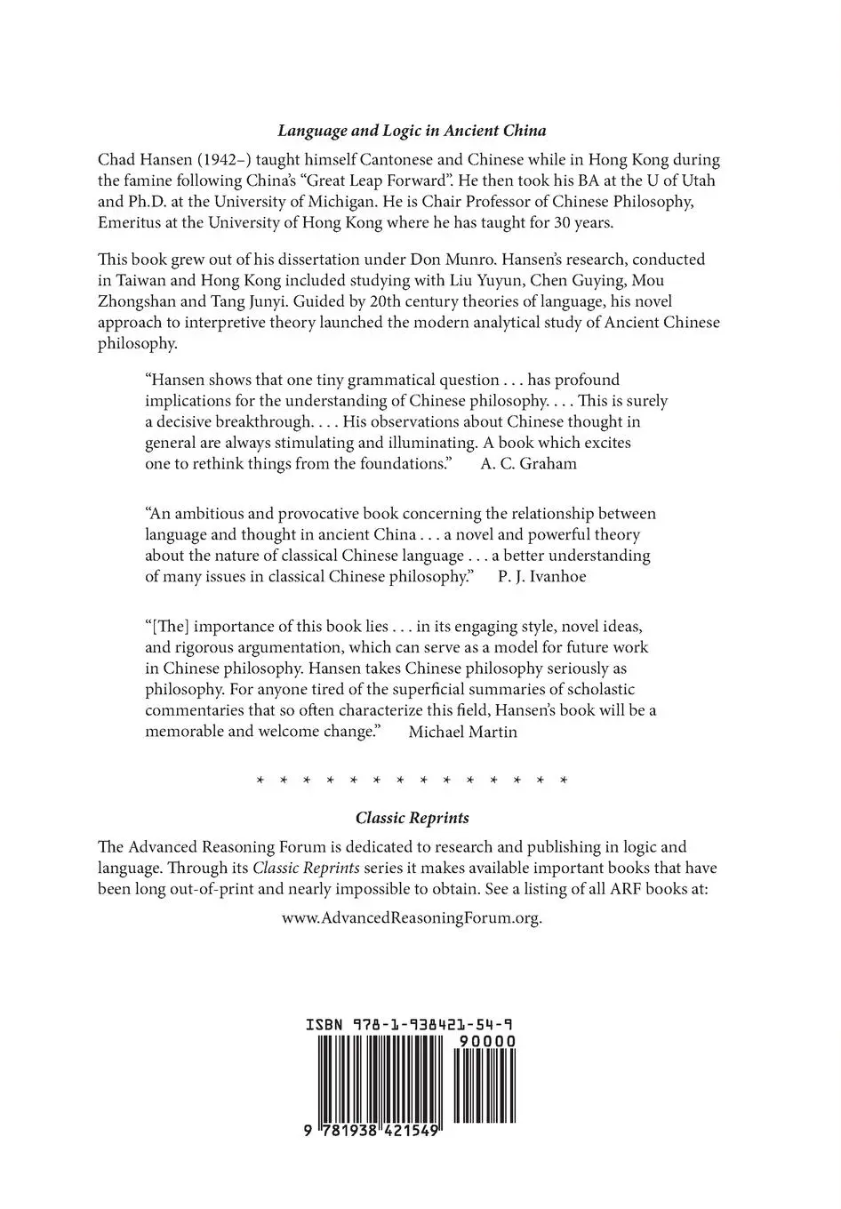 Rückseite: 9781938421549 | Language and Logic in Ancient China | Chad Hansen | Taschenbuch | 2020