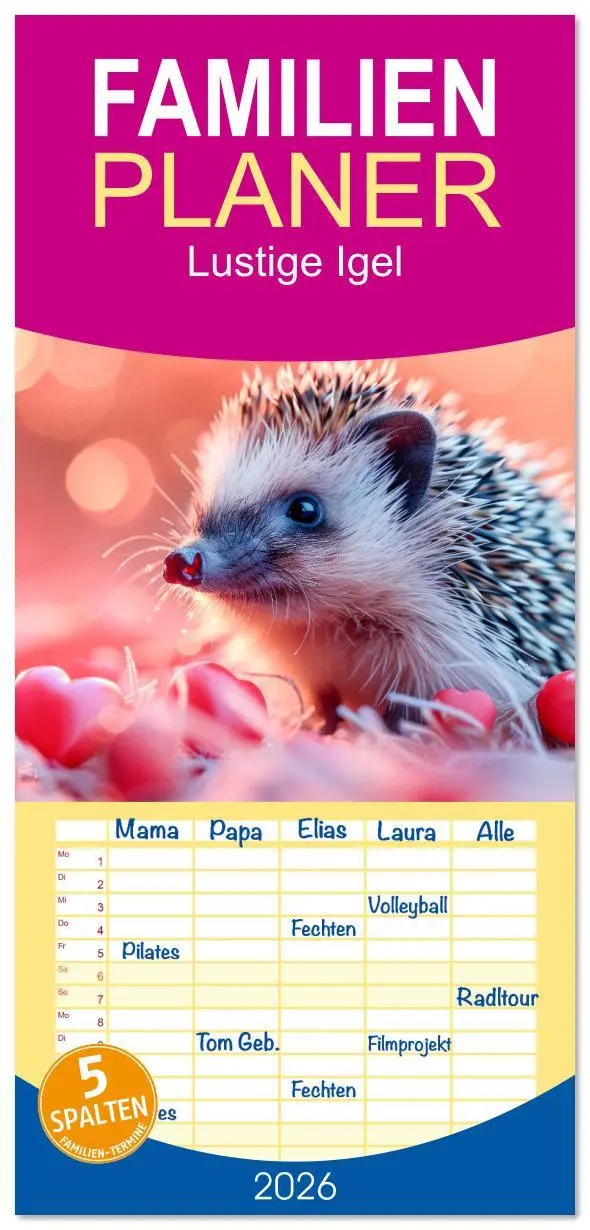 Cover: 9783516611649 | Familienplaner 2026 - Lustige Igel mit 5 Spalten (Wandkalender, 21...