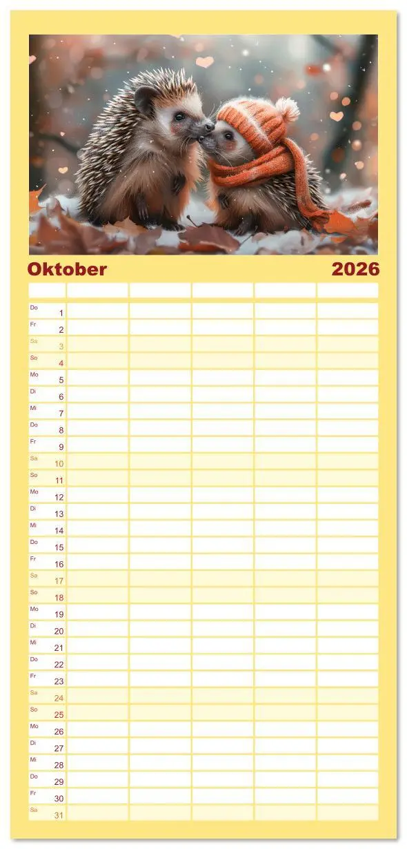 Bild: 9783516611649 | Familienplaner 2026 - Lustige Igel mit 5 Spalten (Wandkalender, 21...