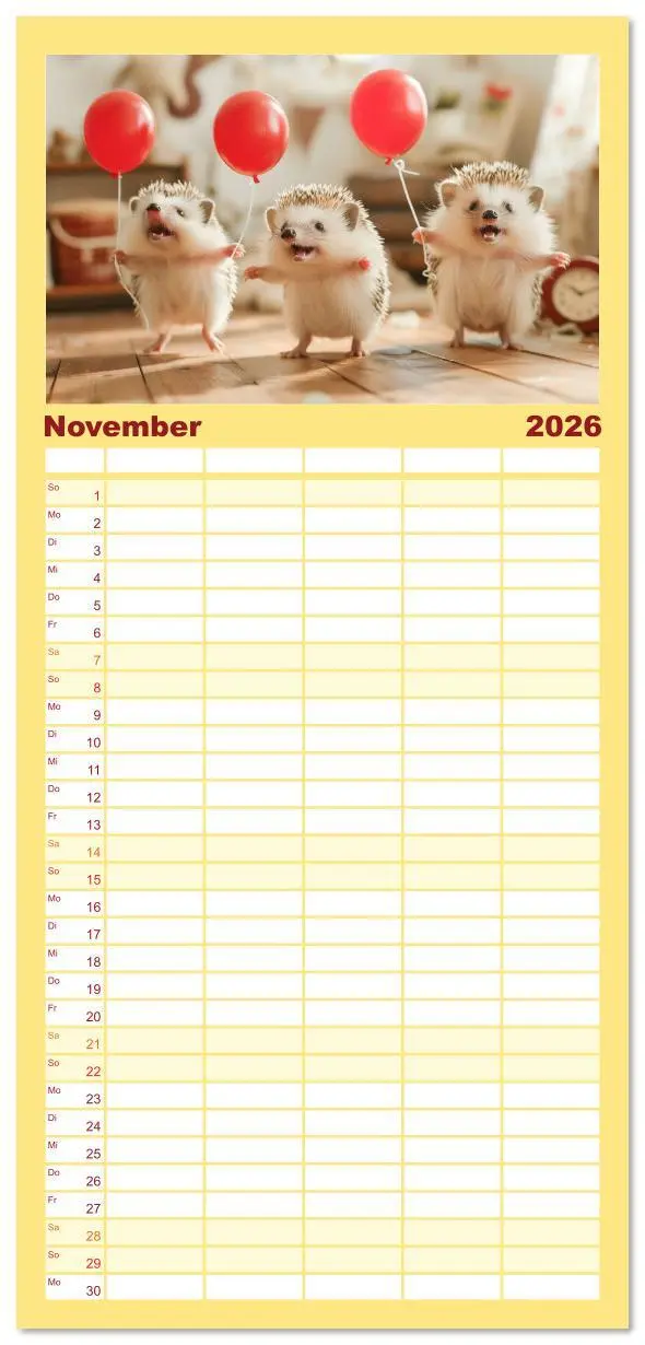 Bild: 9783516611649 | Familienplaner 2026 - Lustige Igel mit 5 Spalten (Wandkalender, 21...