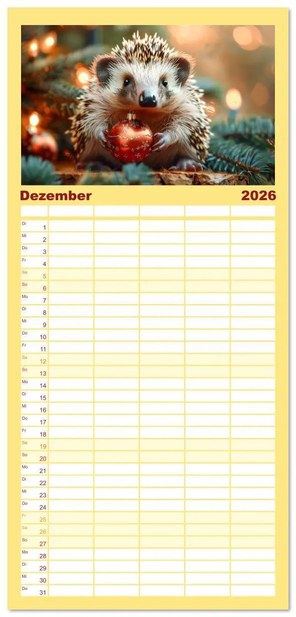 Bild: 9783516611649 | Familienplaner 2026 - Lustige Igel mit 5 Spalten (Wandkalender, 21...
