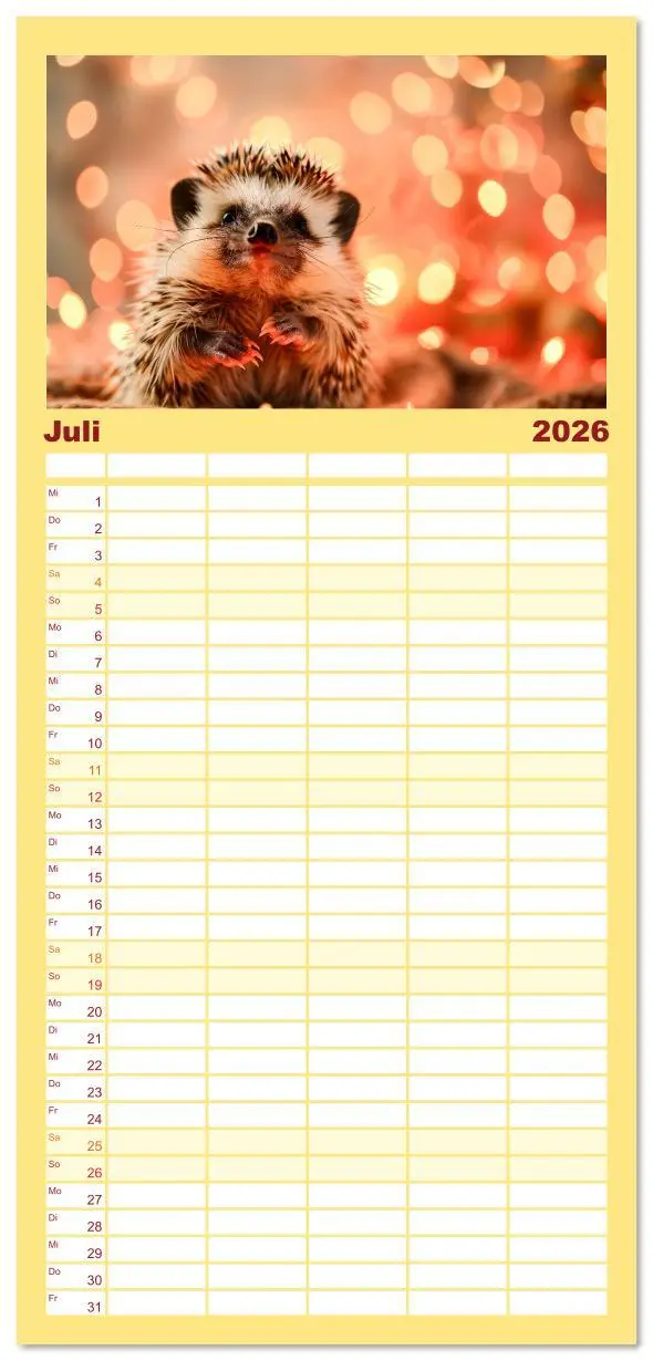 Bild: 9783516611649 | Familienplaner 2026 - Lustige Igel mit 5 Spalten (Wandkalender, 21...