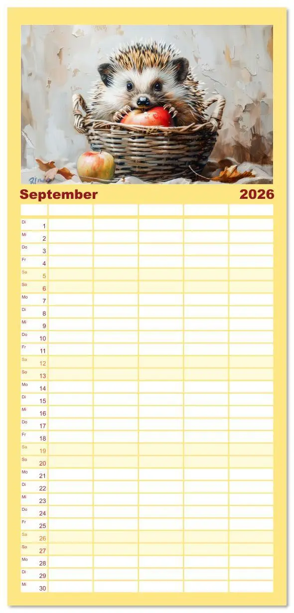 Bild: 9783516611649 | Familienplaner 2026 - Lustige Igel mit 5 Spalten (Wandkalender, 21...