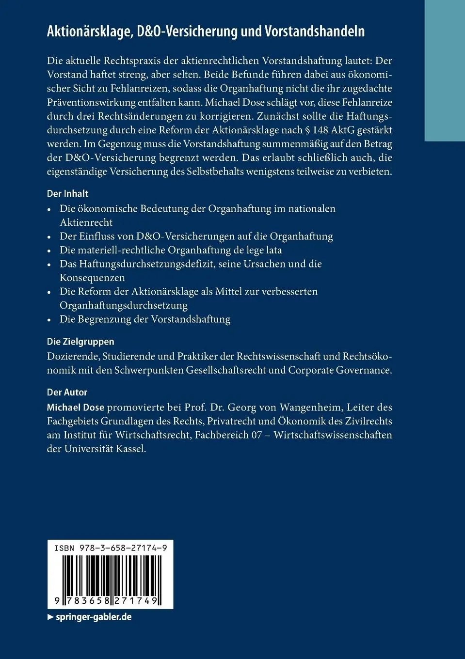 Rückseite: 9783658271749 | Aktionärsklage, D&amp;O-Versicherung und Vorstandshandeln | Michael Dose