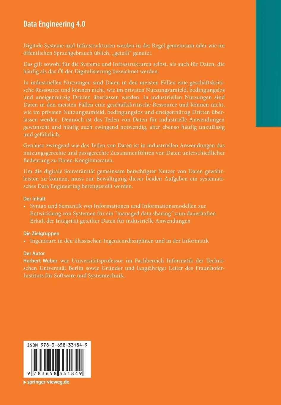 Rückseite: 9783658331849 | Data Engineering 4.0 | Herbert Weber | Taschenbuch | xxii | Deutsch