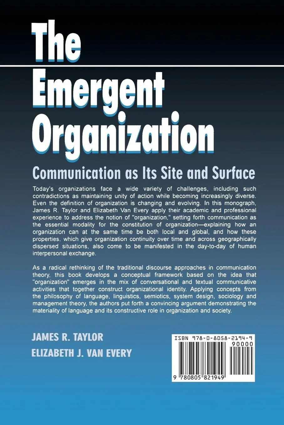 Rückseite: 9780805821949 | The Emergent Organization | Communication As Its Site and Surface