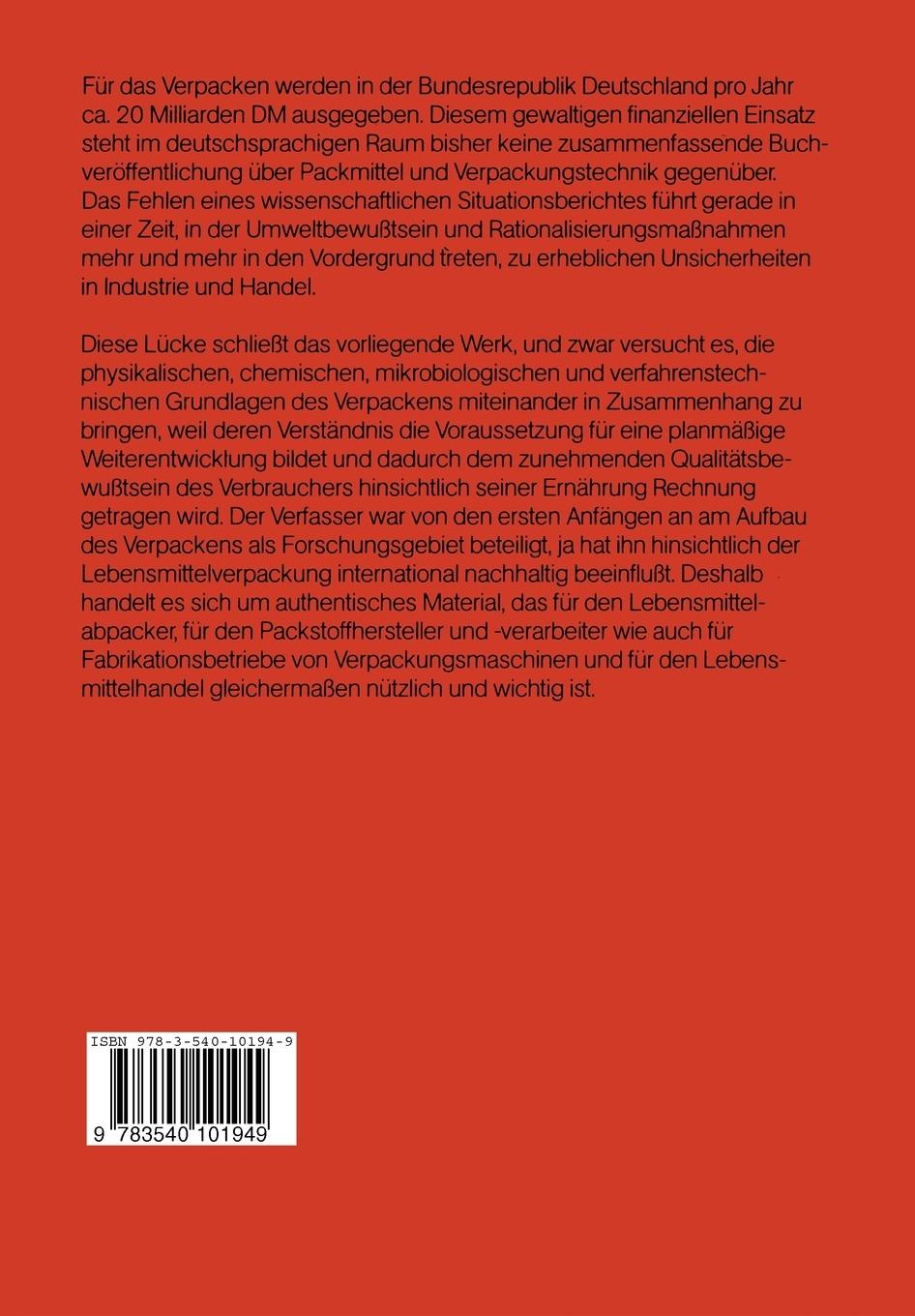 Rückseite: 9783540101949 | Verpackung von Lebensmitteln | R. Heiss | Taschenbuch | xii | Deutsch