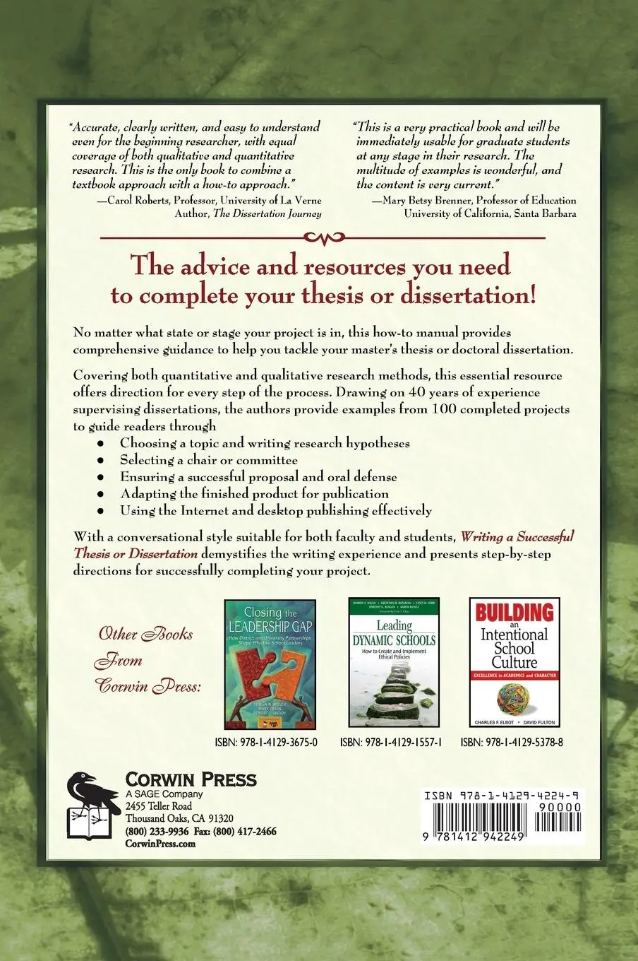 Rückseite: 9781412942249 | Writing a Successful Thesis or Dissertation | Fred C Lunenburg (u. a.)