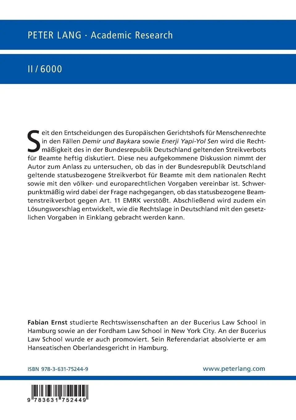 Rückseite: 9783631752449 | Das Streikverbot für Beamte | Fabian Ernst | Taschenbuch | Deutsch
