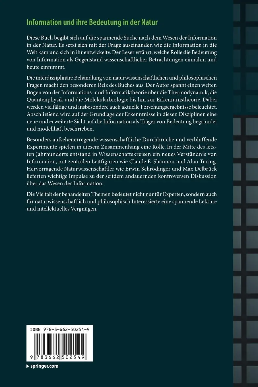 Rückseite: 9783662502549 | Information und ihre Bedeutung in der Natur | Wolfgang Johannsen | xix