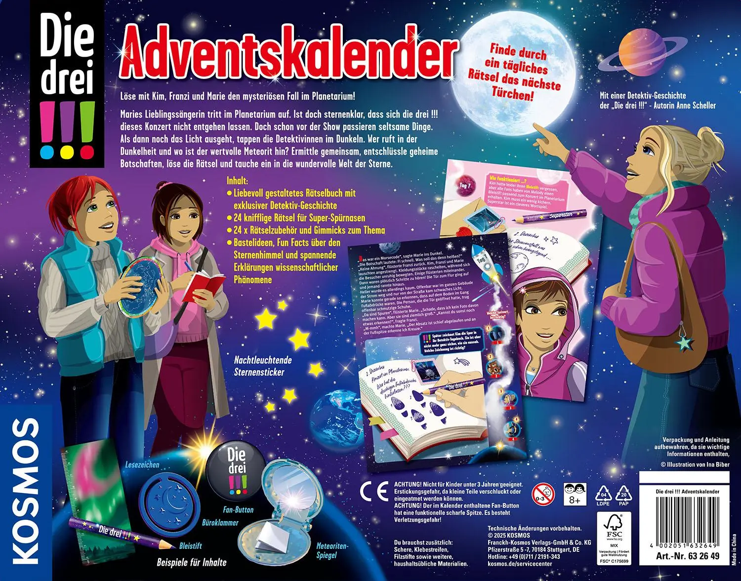 Rückseite: 4002051632649 | Die drei !!!- Adventskalender 2025 | Detektiv-Set | Scheller | Spiel