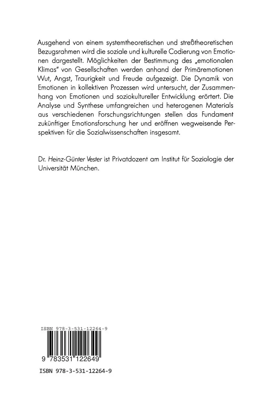 Rückseite: 9783531122649 | Emotion, Gesellschaft und Kultur | Heinz-Günter Vester | Taschenbuch