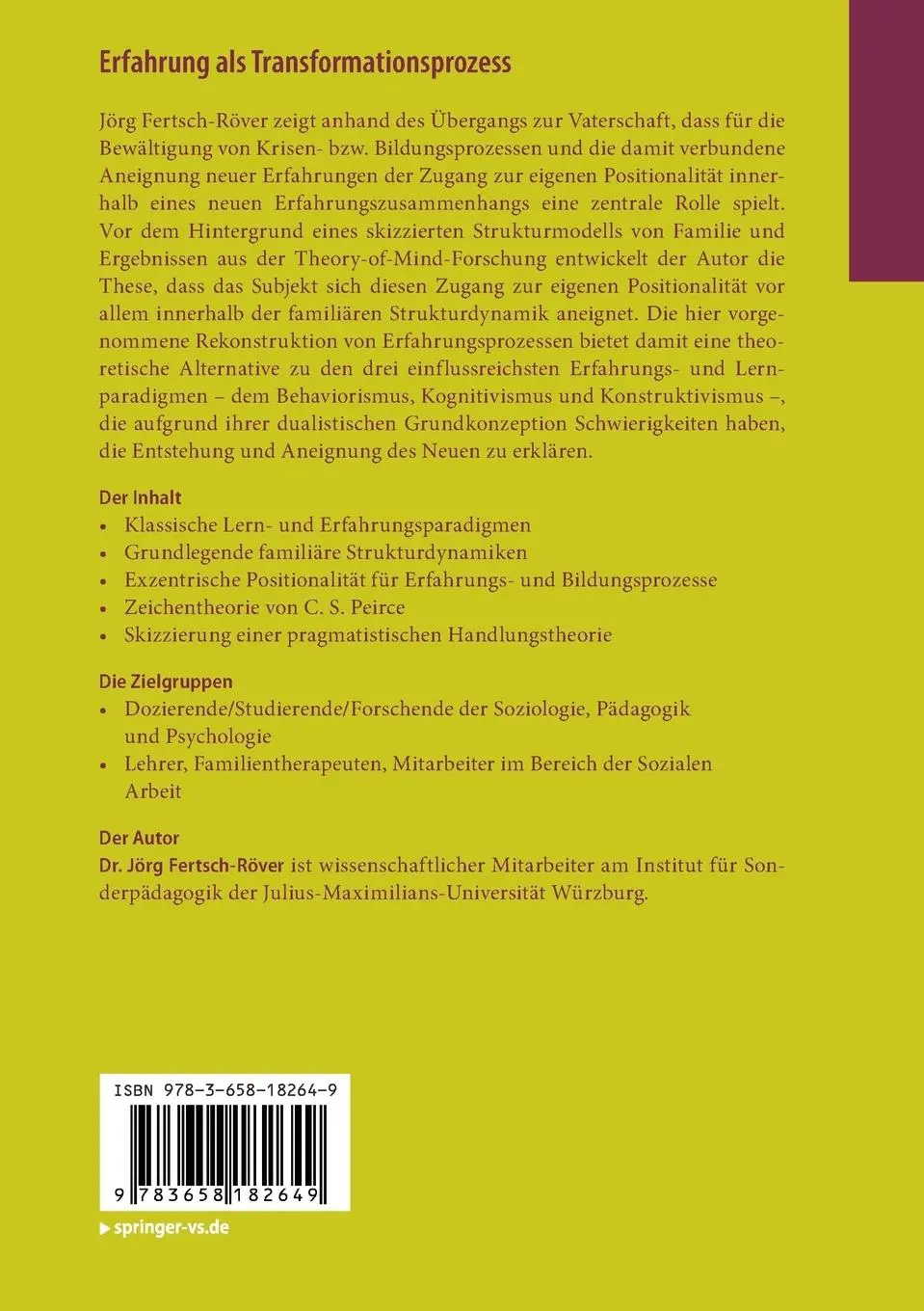 Rückseite: 9783658182649 | Erfahrung als Transformationsprozess | Jörg Fertsch-Röver | Buch | ix