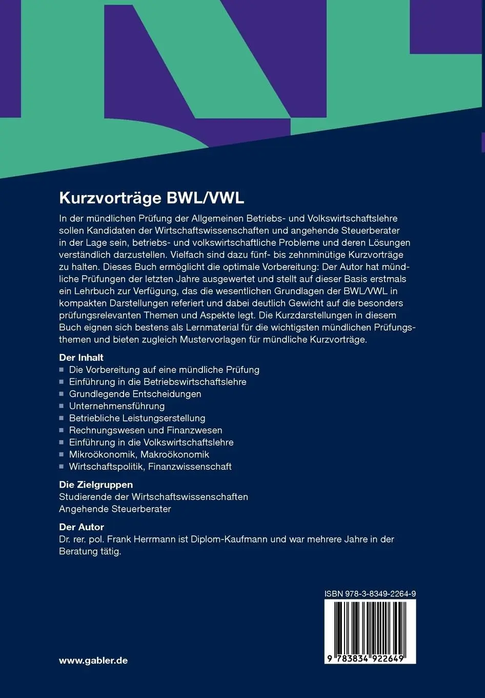 Rückseite: 9783834922649 | Kurzvorträge BWL/VWL | Frank Herrmann | Taschenbuch | xii | Deutsch