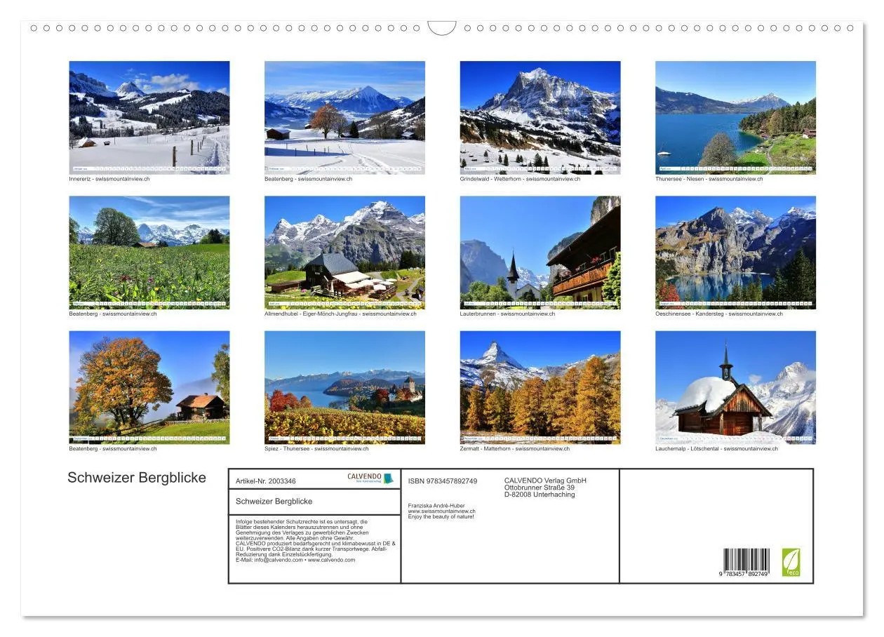 Bild: 9783457892749 | Schweizer Bergblicke (Wandkalender 2026 DIN A2 quer), CALVENDO...