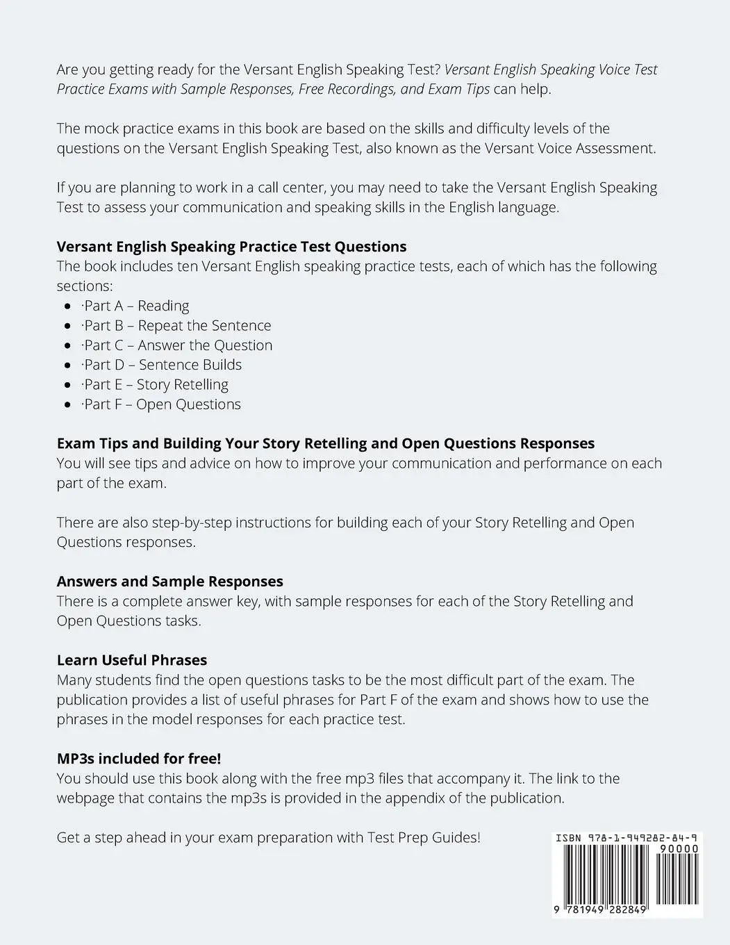 Rückseite: 9781949282849 | Versant English Speaking Voice Test Practice Exams with Sample...