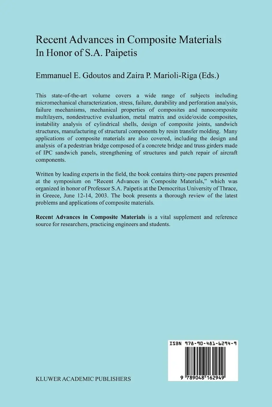 Rückseite: 9789048162949 | Recent Advances in Composite Materials | In Honor of S.A. Paipetis