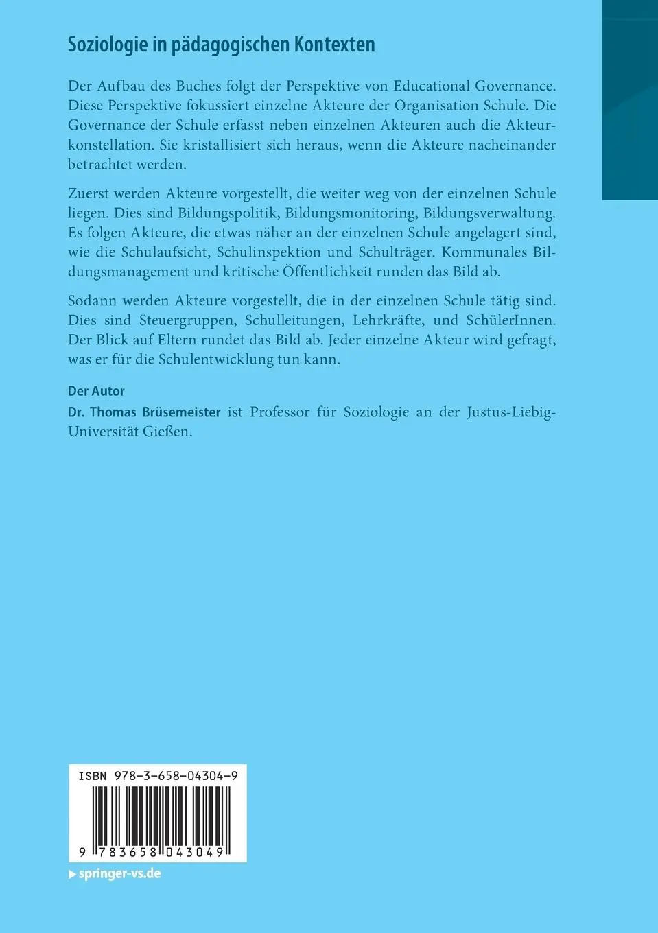Rückseite: 9783658043049 | Soziologie in pädagogischen Kontexten | Organisation Schule | Buch | x
